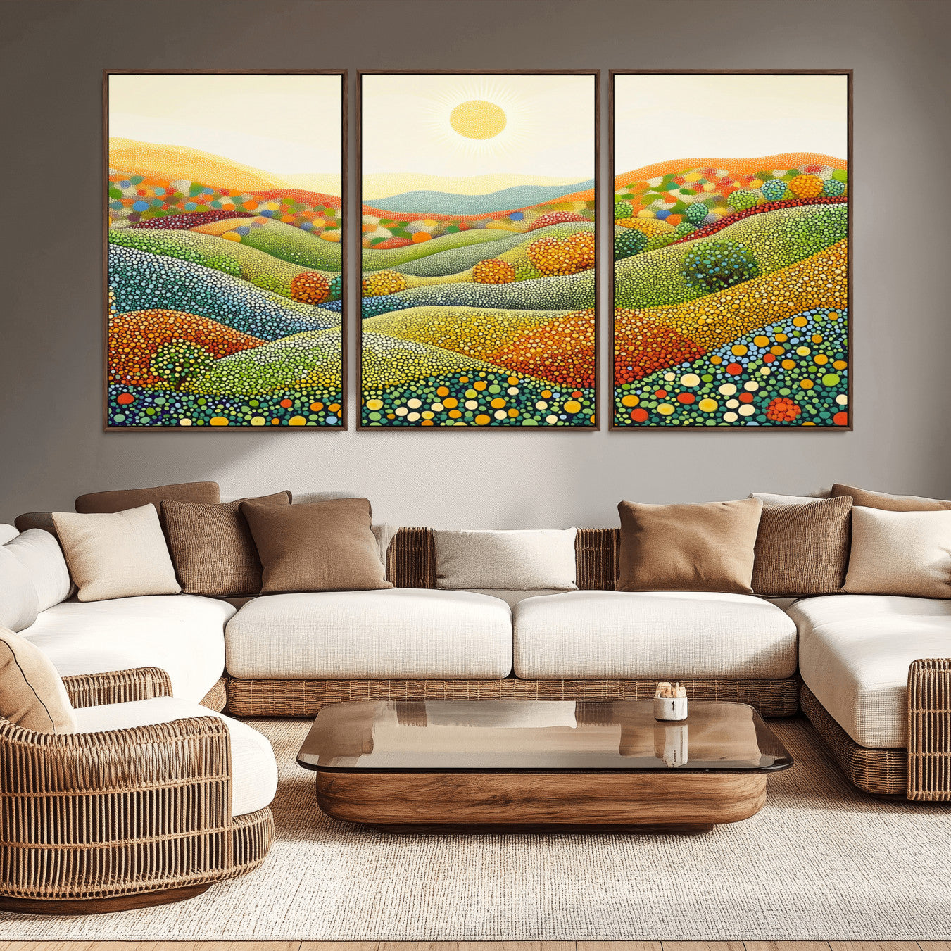-YAYOI KUSAMA Wall Art - Colorful Dot Art Landscape Canvas, Framed Japanese Dot Art