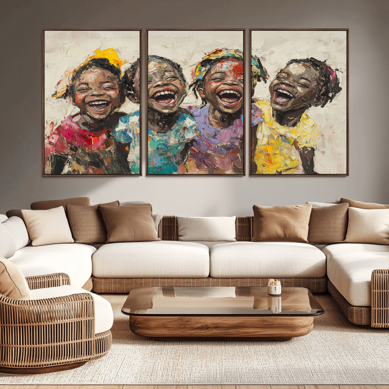 93034-MGV-CV-36X24-Shai Yossef style Joyful Childhood Canvas Wall Art - Expressive Impasto Painting of Black Children