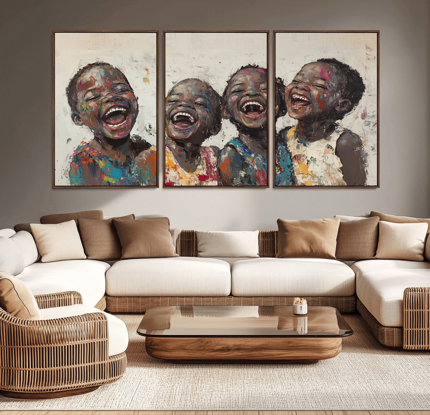 85256-MGV-CV-36X24-Shai Yossef Print - Joyful Childhood Canvas Wall Art - Expressive Impasto Painting of Laughing