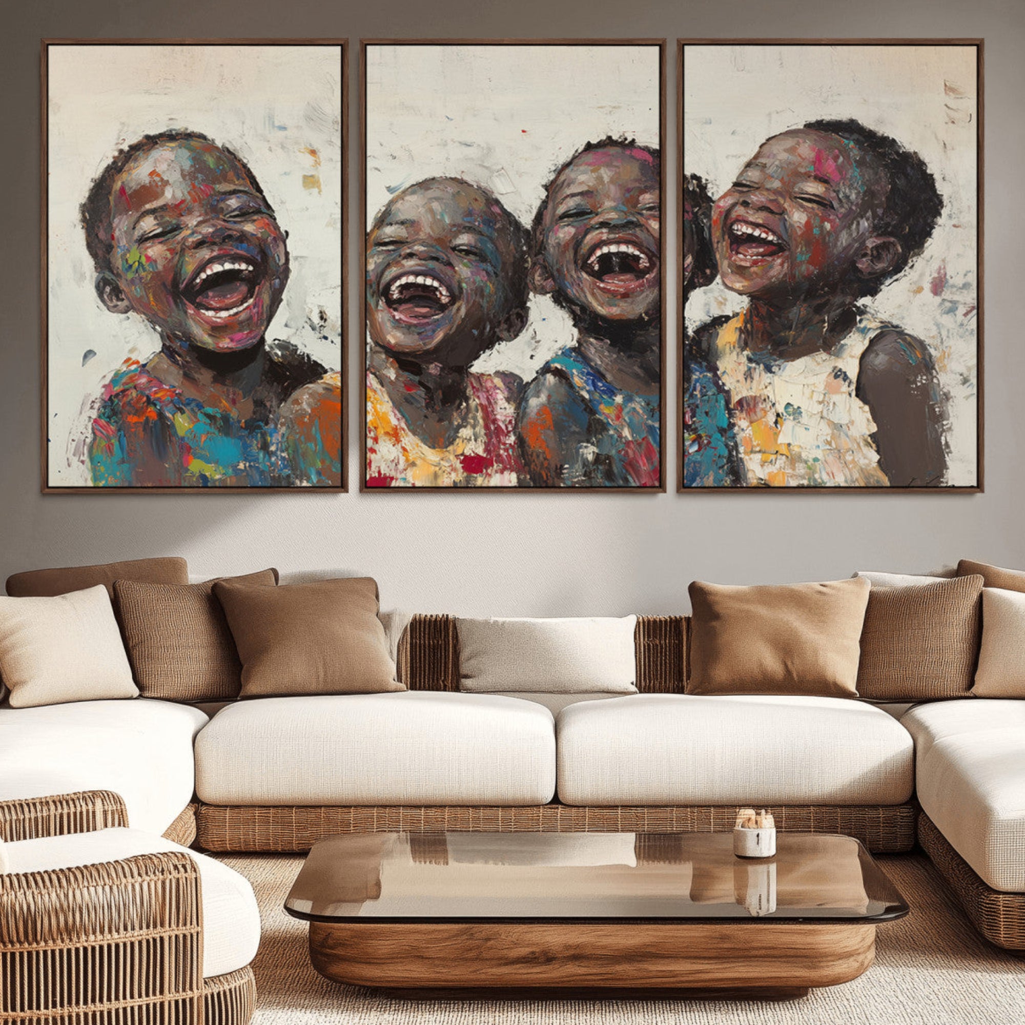 85256-MGV-CV-36X24-Shai Yossef Print - Joyful Childhood Canvas Wall Art - Expressive Impasto Painting of Laughing