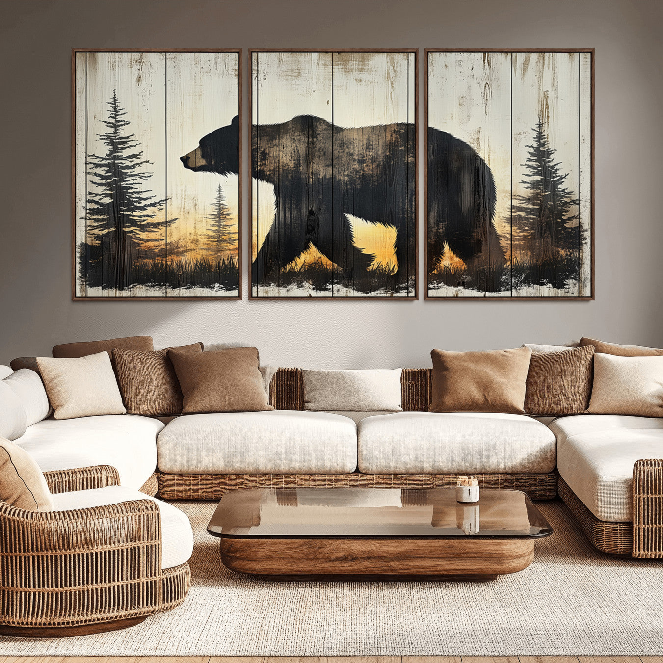 83875-MGV-CV-36X24-Vintage Bear Wall Art Canvas Print for Farmhouse - Mountain Wood Canvas Wall Art - Forest Silhouette