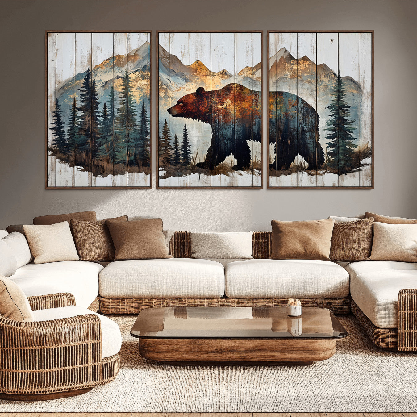 -Rustic Grizzly 399 Bear and Mountain Wood Canvas Wall Art - Framed Nature Artwork with Forest