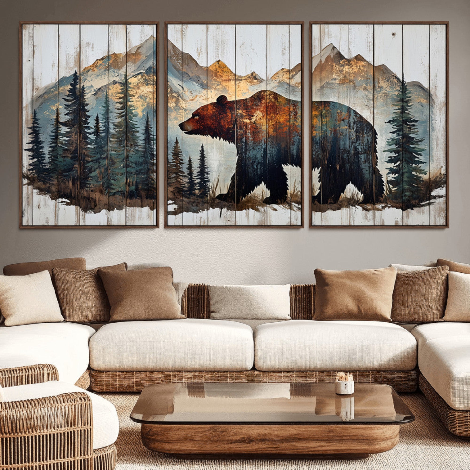 55777-MGV-CV-36X24-Rustic Grizzly 399 Bear and Mountain Wood Canvas Wall Art - Framed Nature Artwork with Forest
