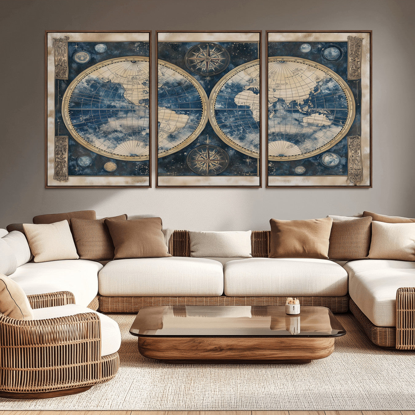 -Framed Vintage Blue World Map Canvas Print – Antique Double Hemisphere Wall Art for Home and Office Decor, Classic Explorer Map Artwork