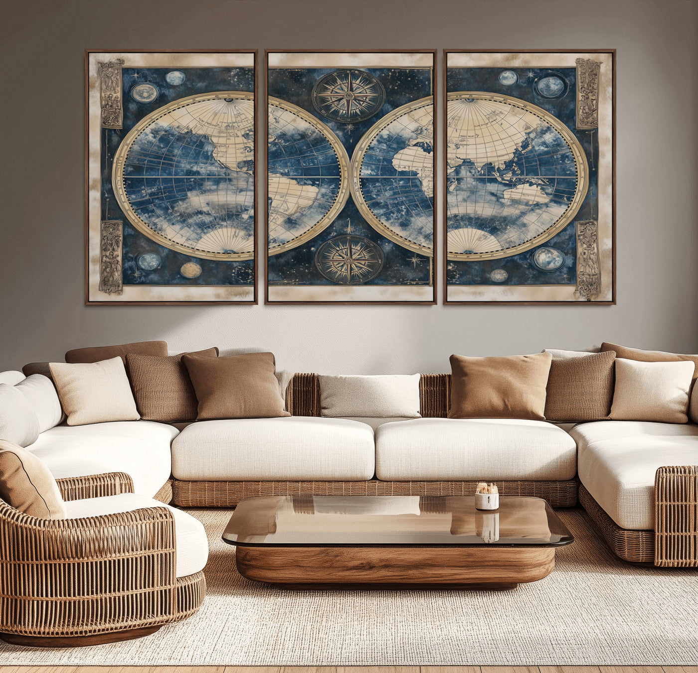 46473-MGV-CV-36X24-Framed Vintage Blue World Map Canvas Print – Antique Double Hemisphere Wall Art for Home and Office Decor, Classic Explorer Map Artwork
