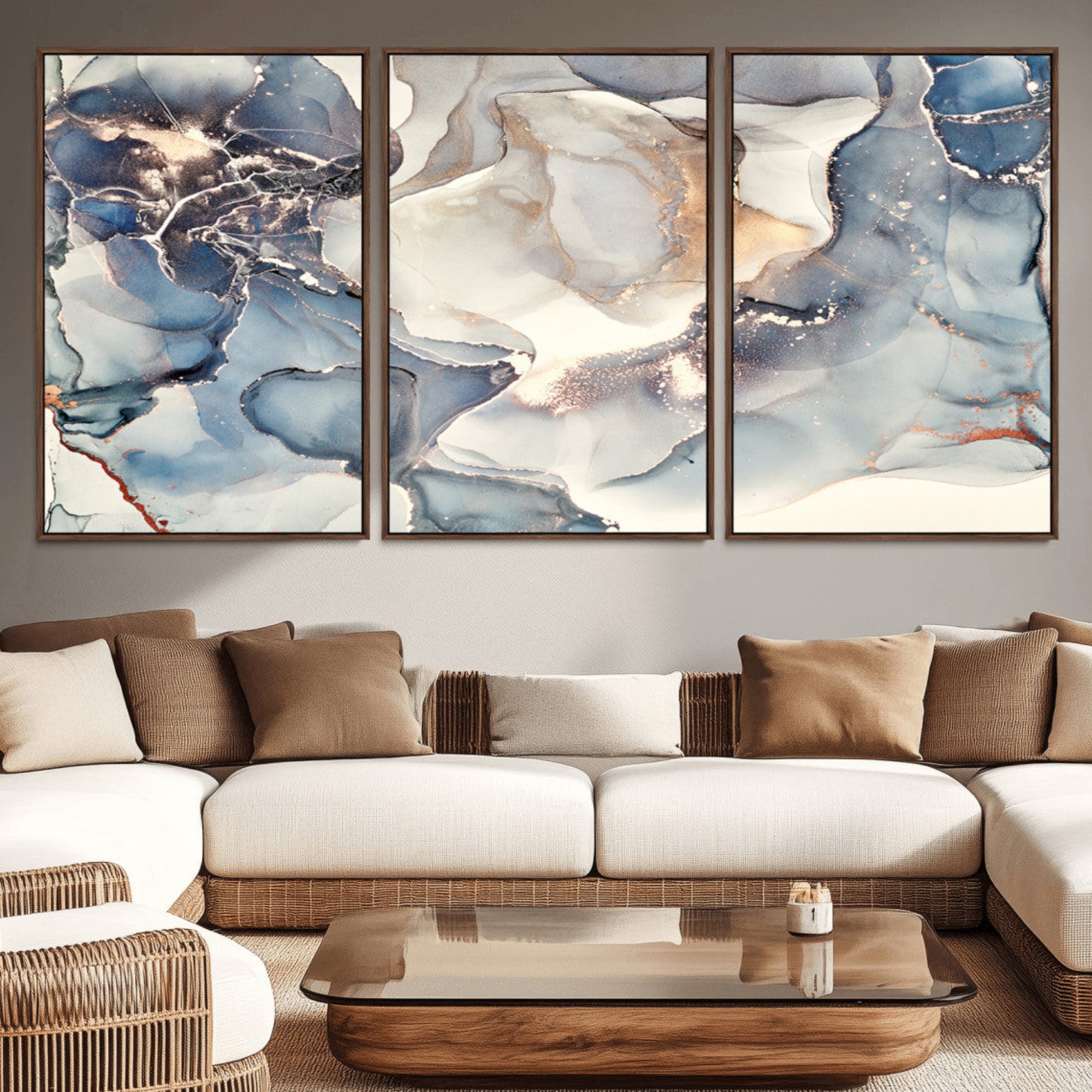 51497-MGV-CV-36X24-Abstract Blue and Gold Canvas Wall Art - Fluid Modern Ink Artwork - Modern Luxury Wall Decor for