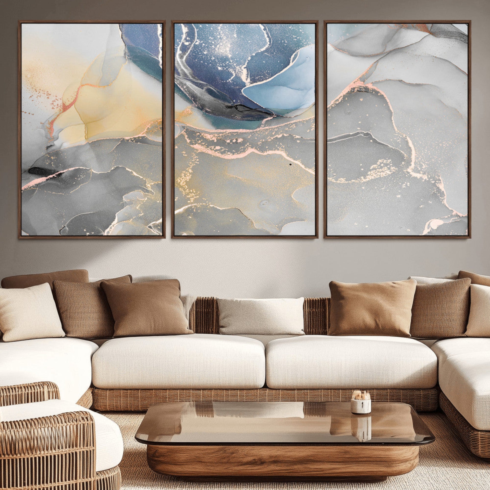 18176-MGV-CV-36X24-Large Abstract Blue and Gold Canvas Wall Art | Fluid Ink Artwork Print | Luxury Wall Decor for