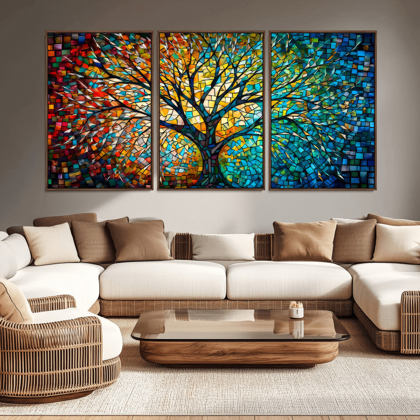 -Yggdrasil Tree of Life Wall Art Print Canvas | Mosaic Style 3-Panel Canvas Print
