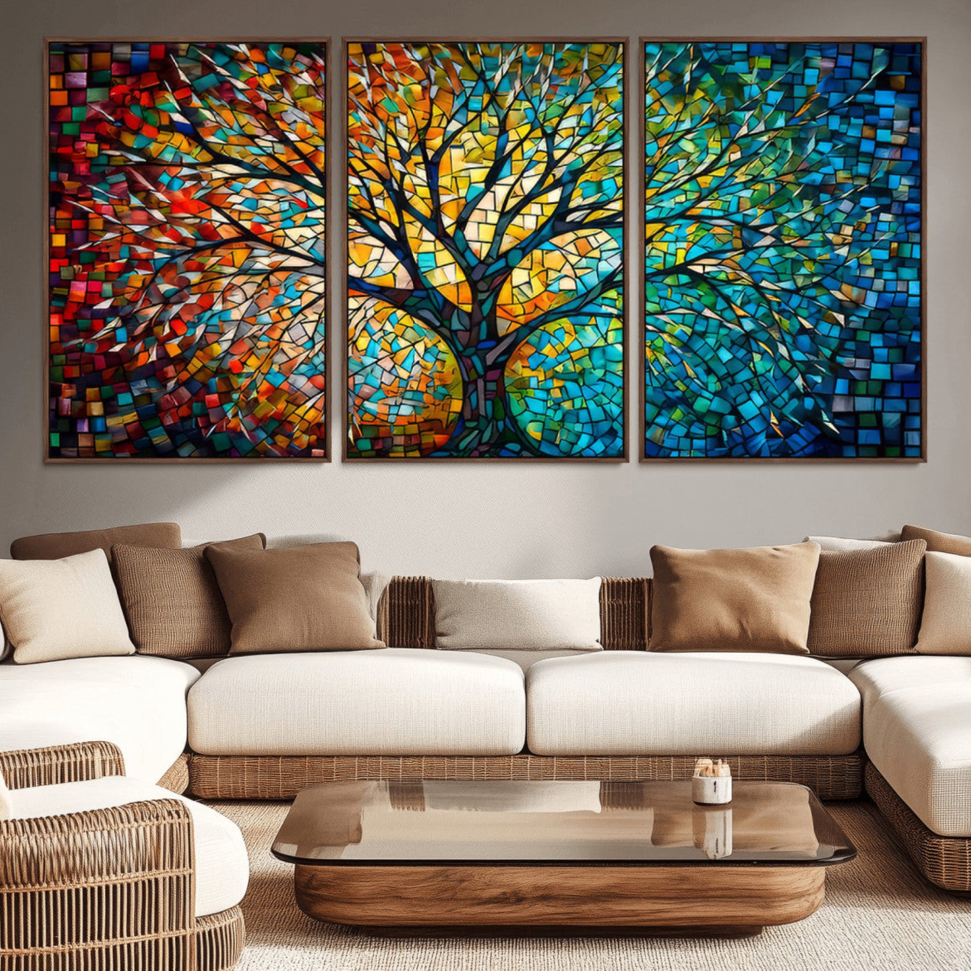 99325-MGV-CV-36X24-Yggdrasil Tree of Life Wall Art Print Canvas | Mosaic Style 3-Panel Canvas Print