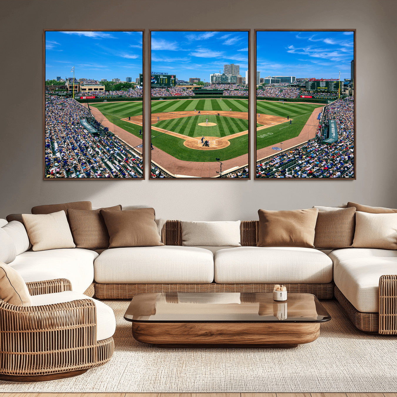 26064-MGV-CV-36X24-Wrigley Field Chicago Cubs Wall Art Canvas Print Framed Panoramic Multi-Piece Iconic Baseball Stadium Artwork for Home, Office
