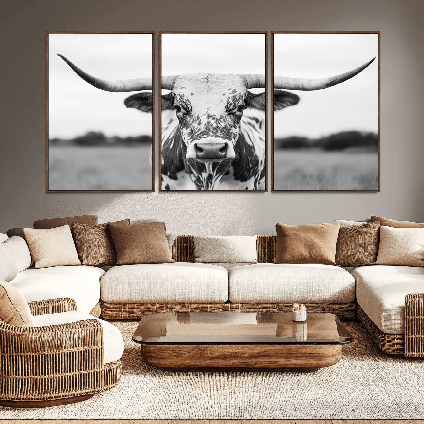 -Highland Cow Wall Art - Black and White Western Longhorn Canvas Print - Farmhouse Living Room Decor