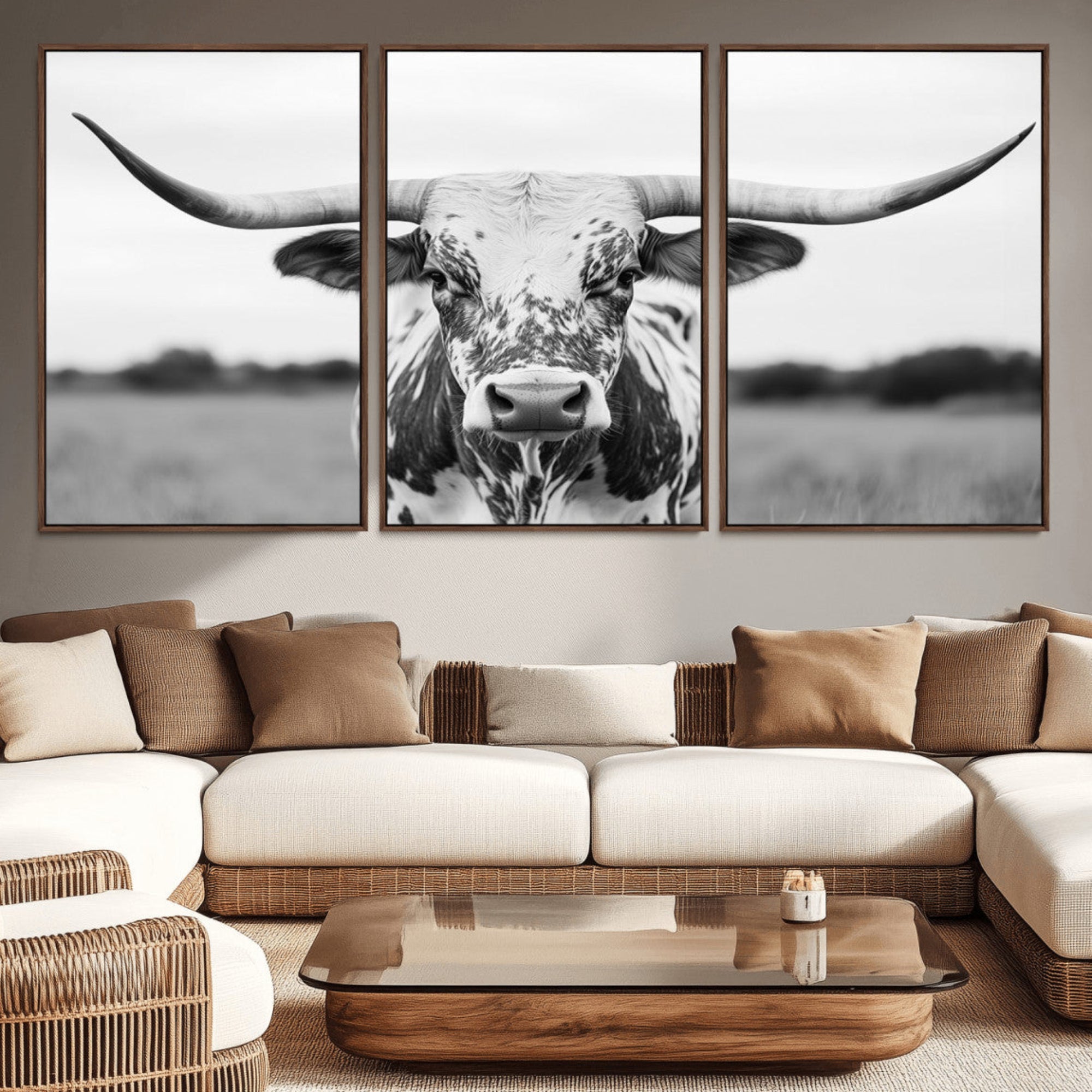 20272-MGV-CV-36X24-Highland Cow Wall Art - Black and White Western Longhorn Canvas Print - Farmhouse Living Room Decor
