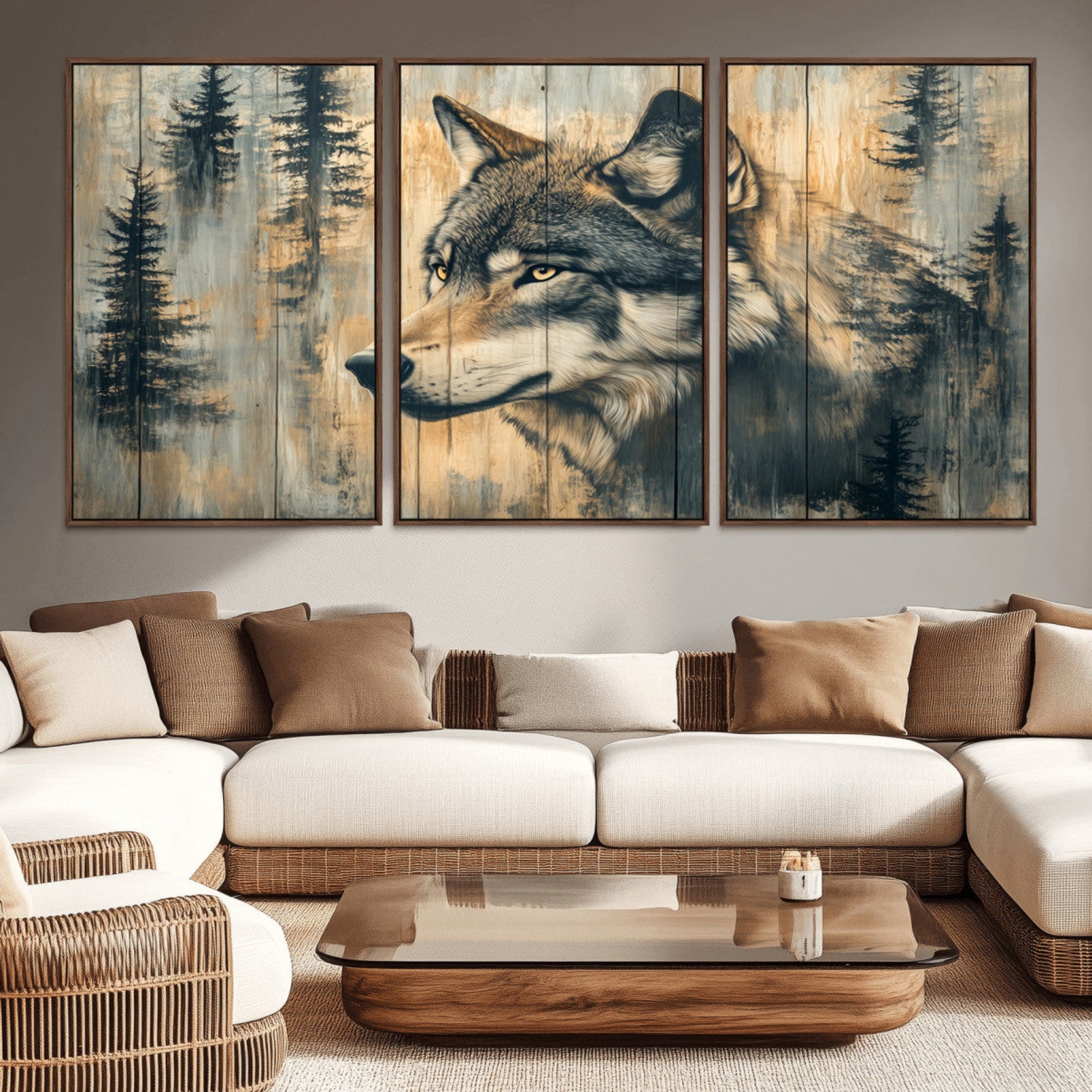 51892-MGV-CV-36X24-Wood Style Rustic Wolf Wall Art Canvas Print, Vintage Woodland Wolf Wall Art, Framed Wood Style Wolf