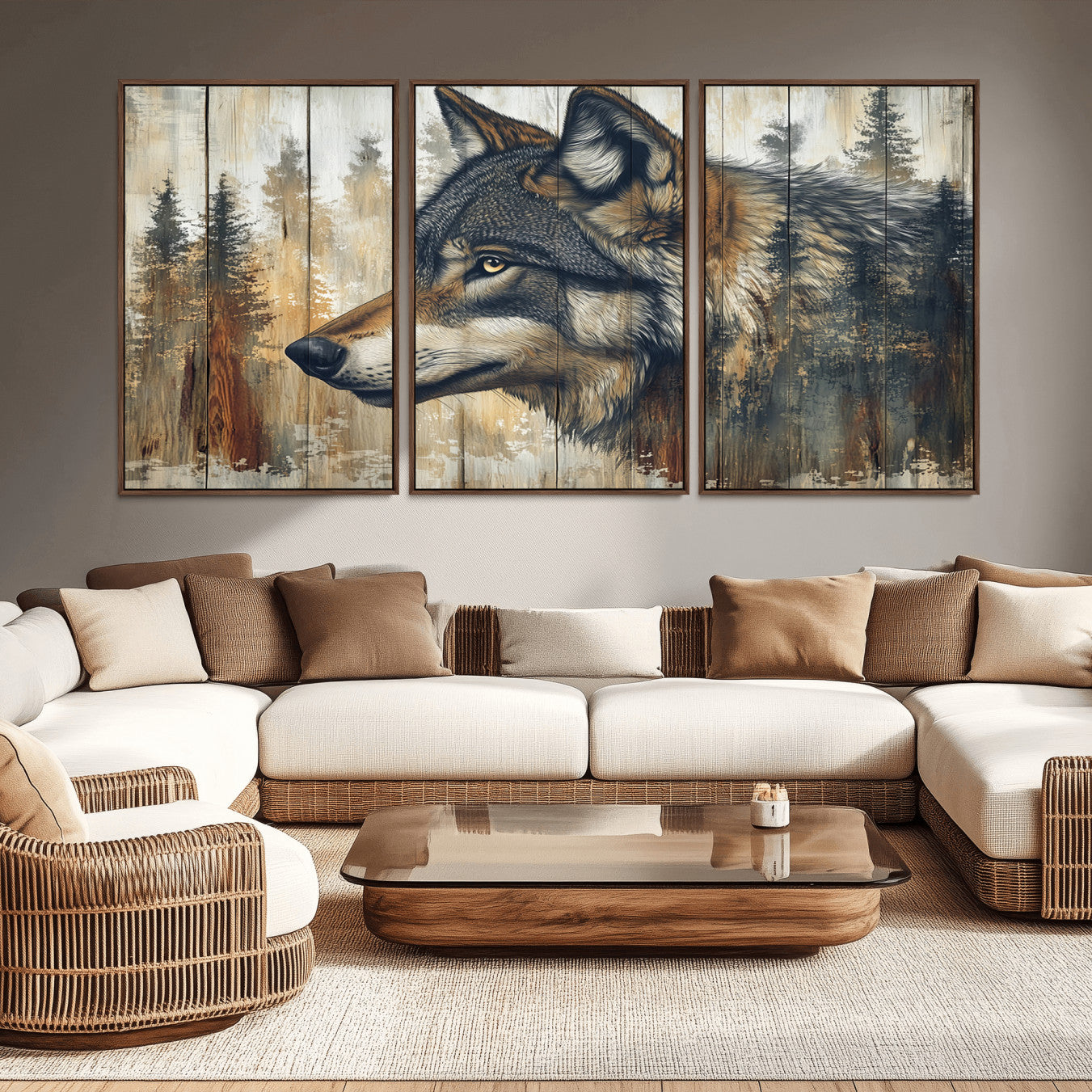 -Rustic Wolf Wall Art Canvas Print, Vintage Woodland Wolf Wall Art