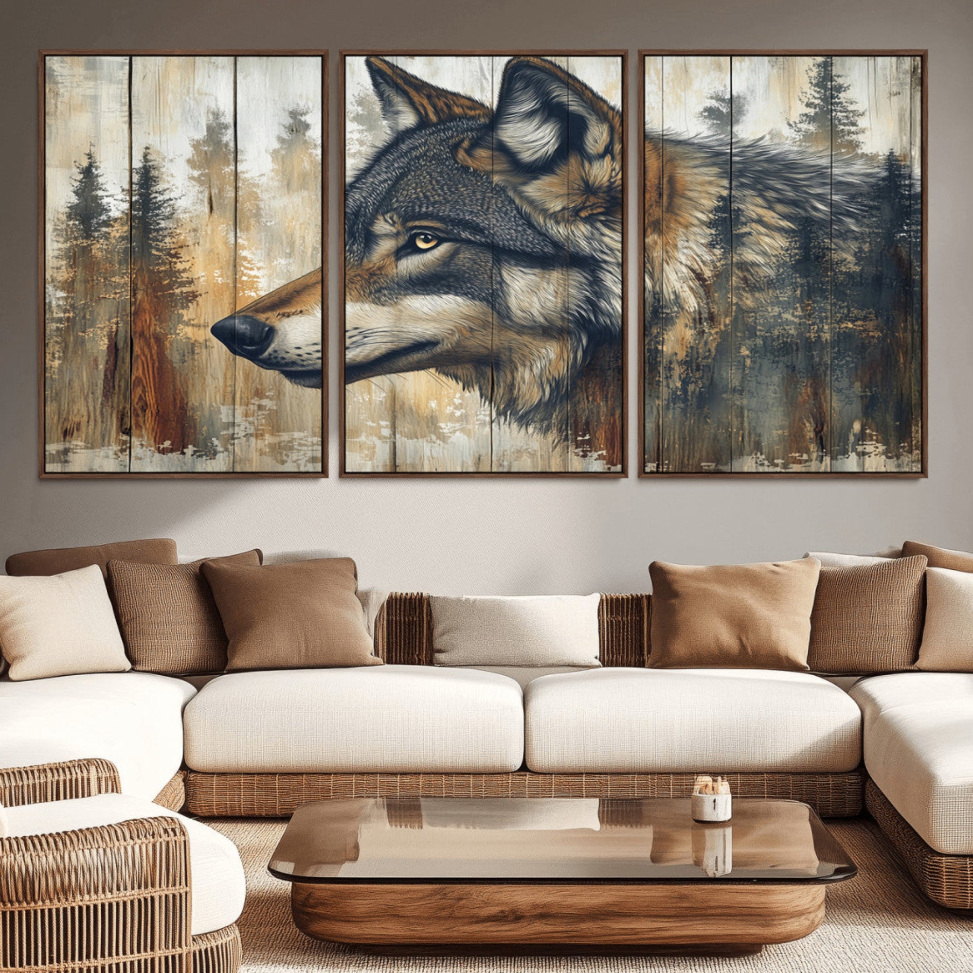 91882-MGV-CV-36X24-Rustic Wolf Wall Art Canvas Print, Vintage Woodland Wolf Wall Art