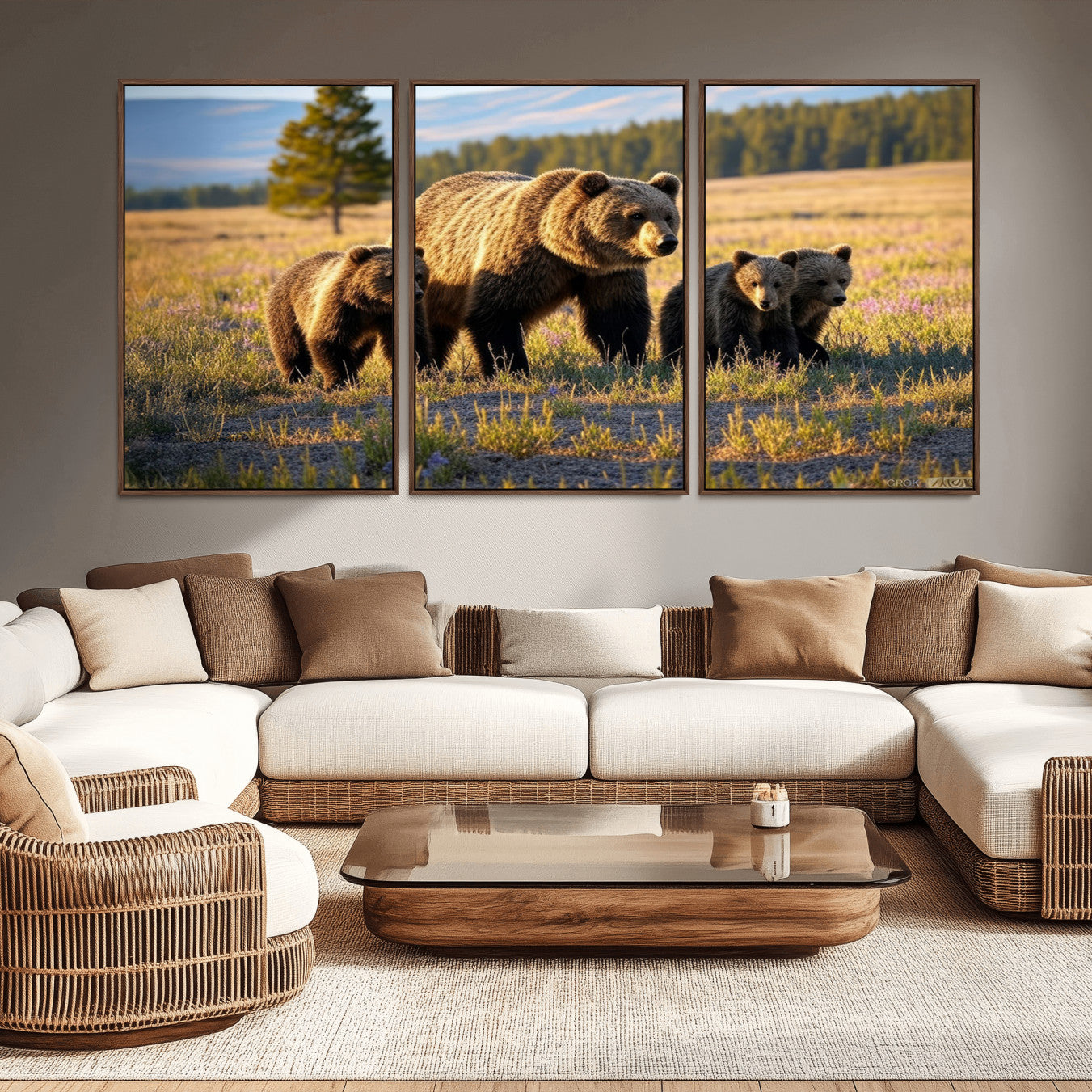 -Grizzly 399 in Wild Flowers Wall Art Canvas Print, Grizzly Bears Wall Art, Queen of Grand Teton