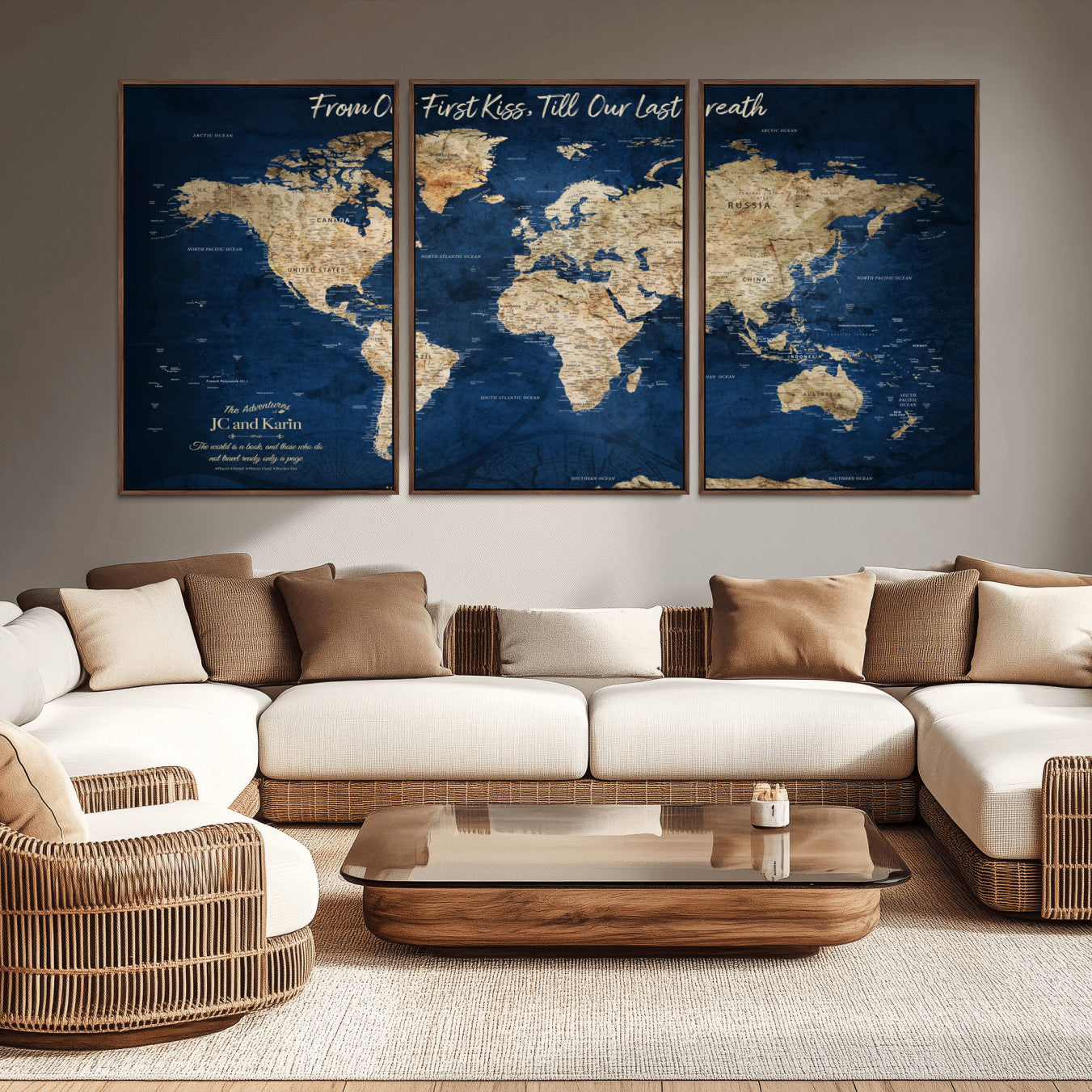 -Personalized Push Pin World Map Canvas Print – Custom Couple Travel Tracker Wall Art, Framed Anniversary Gift for Home Decor