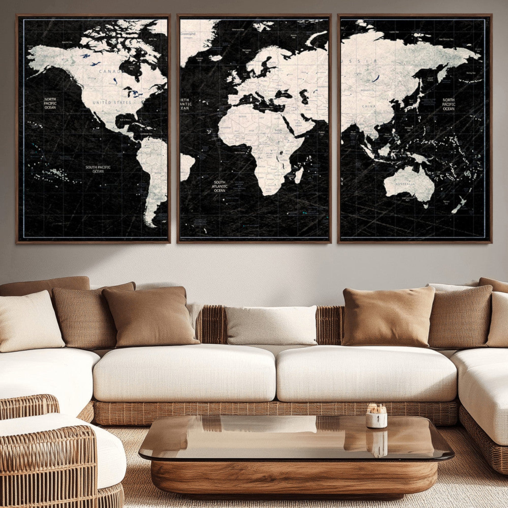 N50Black-MGV-CV-36X24-Push Pin World Map Canvas Print – Framed Travel Tracker Wall Art for Couples, Anniversary Gift and Elegant Home Decor