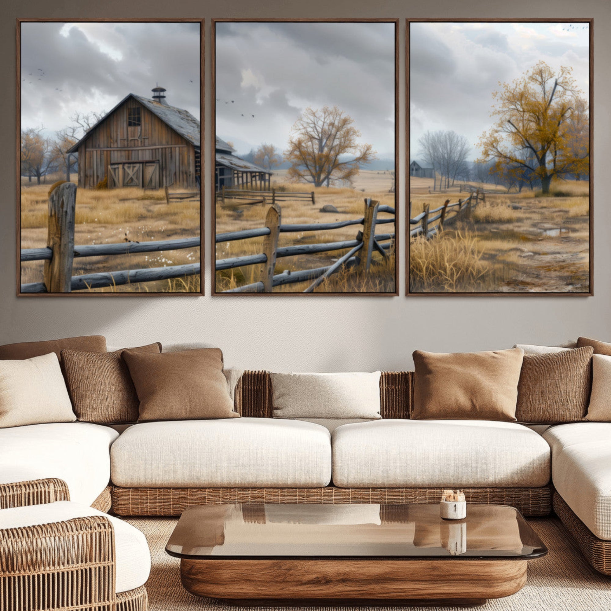 Farm1-MGV-CV-36X24-Rustic Autumn Farmhouse Wall Art Canvas Print – Serene Countryside Scene with Weathered Barn and