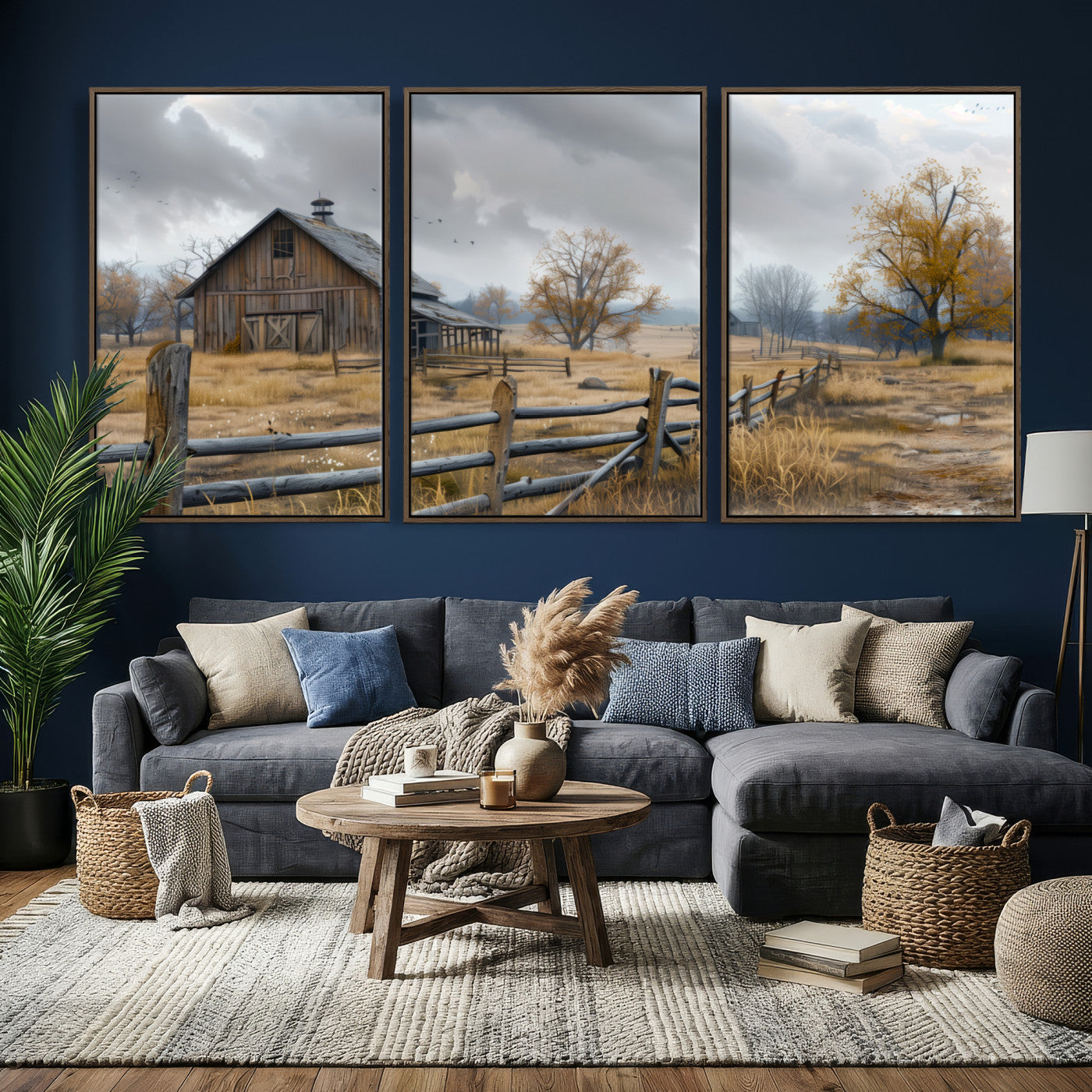 Farm1-MGV-CV-36X24 - Rustic Autumn Farmhouse Wall Art Canvas Print – Serene Countryside Scene with Weathered Barn and