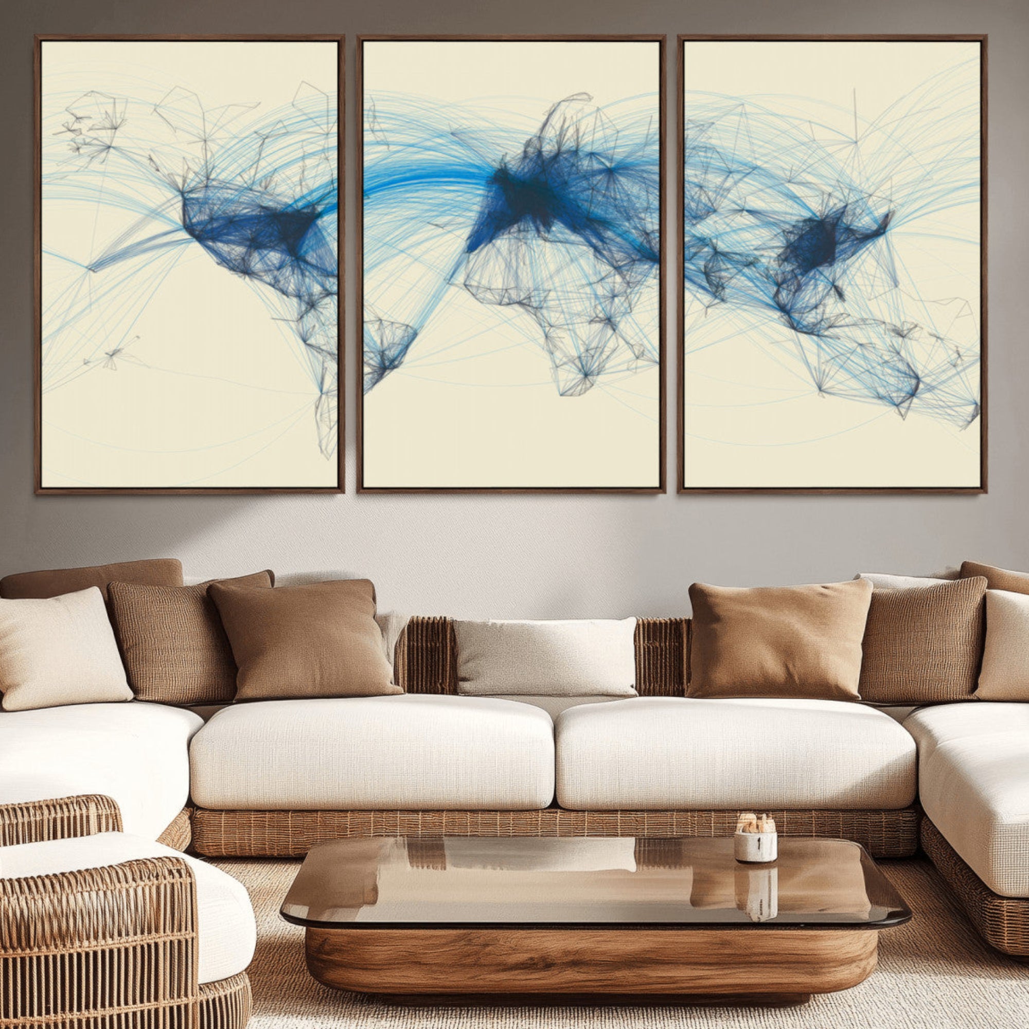 Map-Blue-Contract-MGV-CV-36X24-Flight Routes Map Art – Modern Air Traffic World Map Canvas Print with Blue Connections, Framed Wall Art for Office or Home Decor