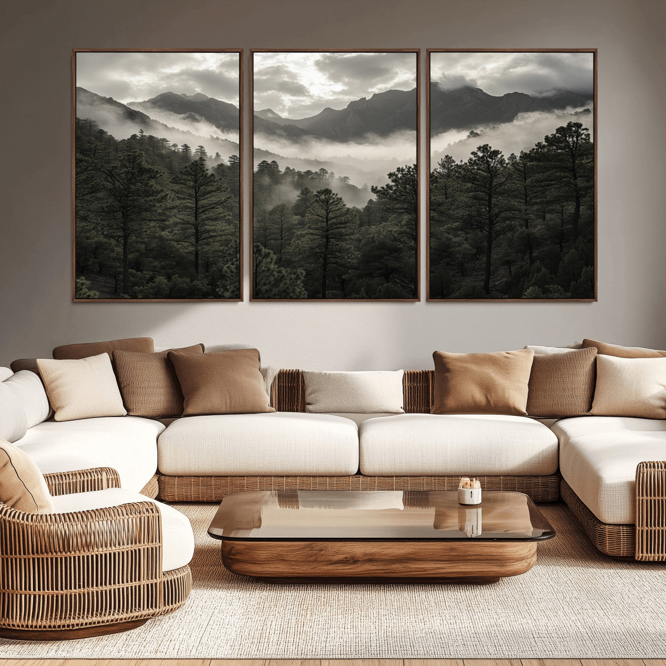 MGV-FC-60X30-3P - Misty Mountain Forest Wall Art – Canvas Print of Cloudy Peaks, Tranquil Pines, Enchanted Landscape, Majestic Nature Decor for Home or Office