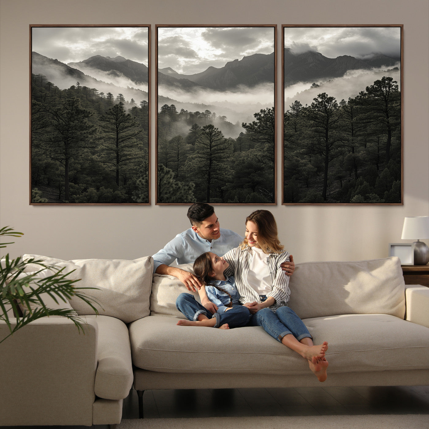 Canvas of moody pine forest and foggy mountain peaks under overcast skies, ideal for calm and rustic woodland-themed home decor.