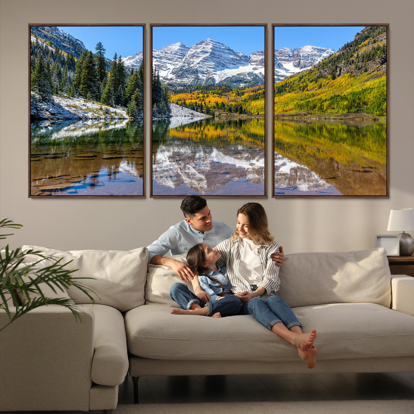 Canvas of Maroon Bells reflected in a clear alpine lake, with golden aspens and snowy peaks, ideal for crisp autumn or mountain-themed decor.