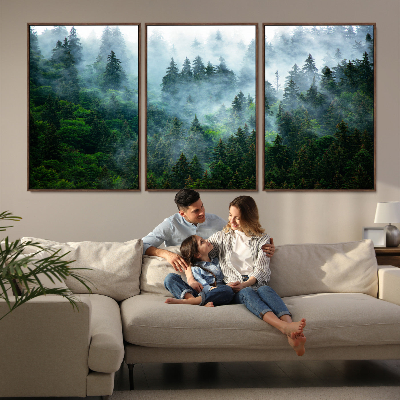 17393683-MGV-FC-60X30-3P_Walnut-Misty Forest Wall Art Canvas Print – Framed Foggy Mountain Landscape Artwork, Serene Scenic Decor for Home, Office