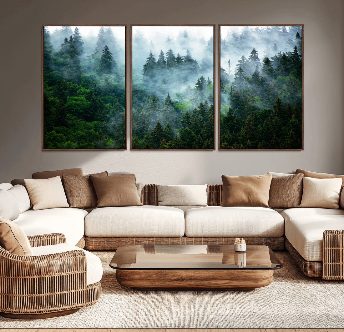 Misty Forest Wall Art Canvas Print, Framed Foggy Mountain Art, Large Scenic Woodland Canvas