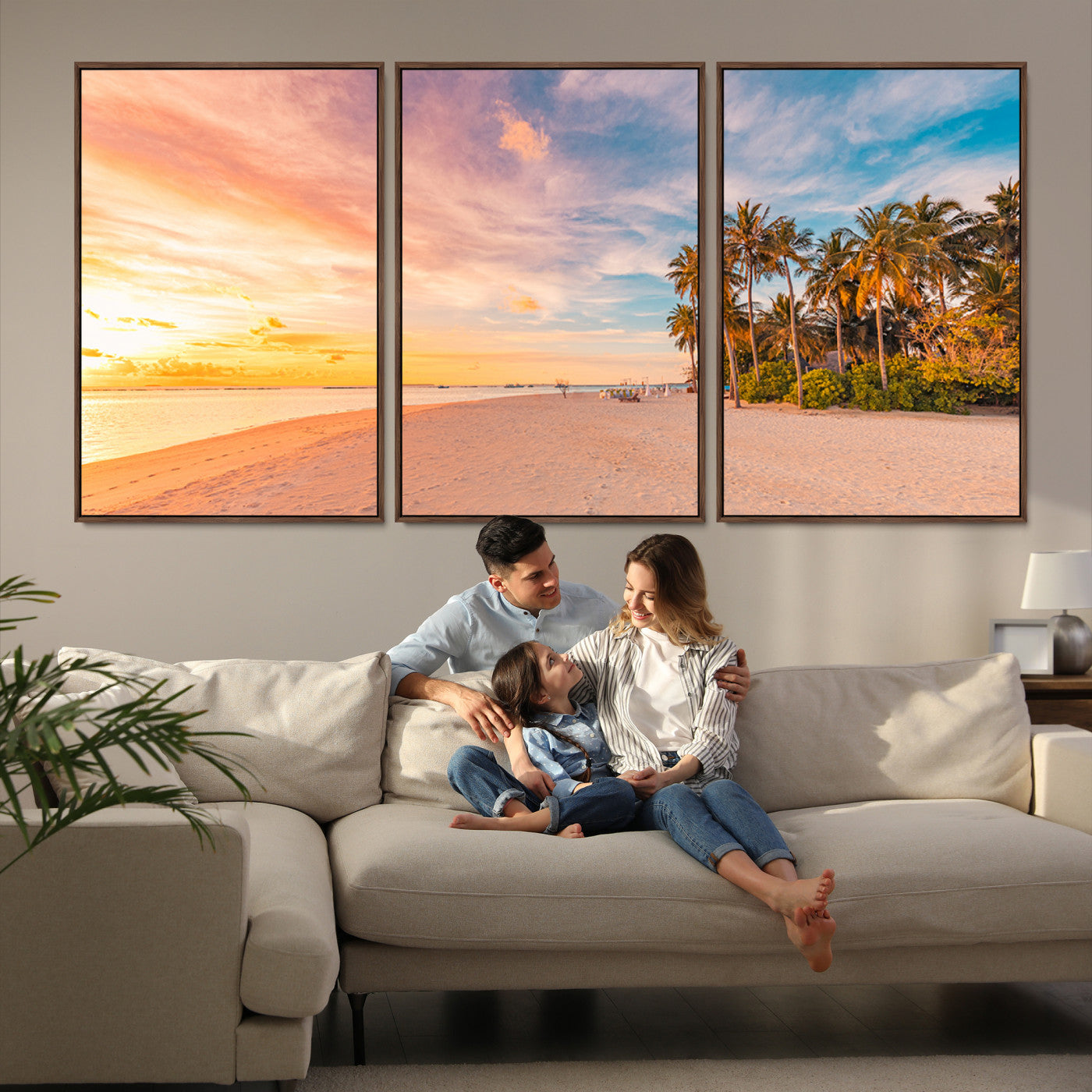 Tropical beach canvas with palm trees and soft sunset tones, ideal for coastal or beach-style home décor in warm pastel hues.