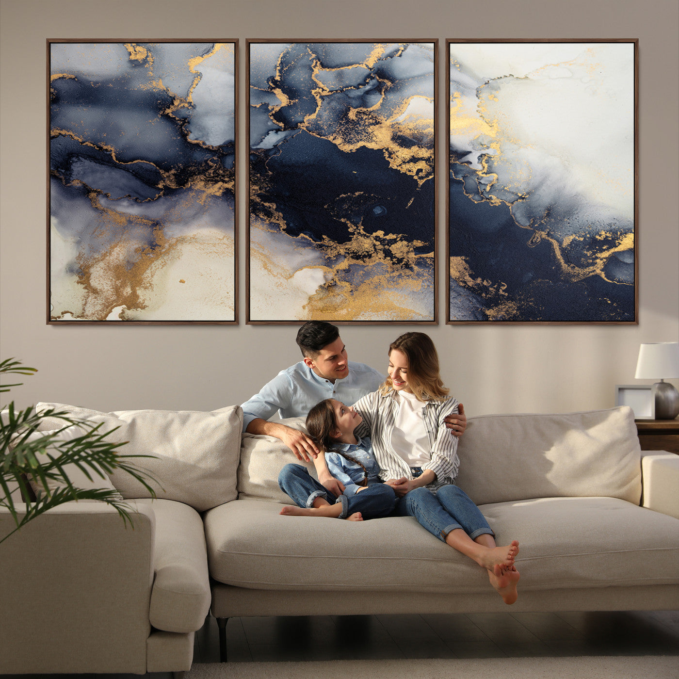 41136487-MGV-FC-60X30-3P_Walnut-Black Marble Wall Art Canvas Print – Framed Abstract Gold Veins Elegant Luxury Design Decor for Home, Office