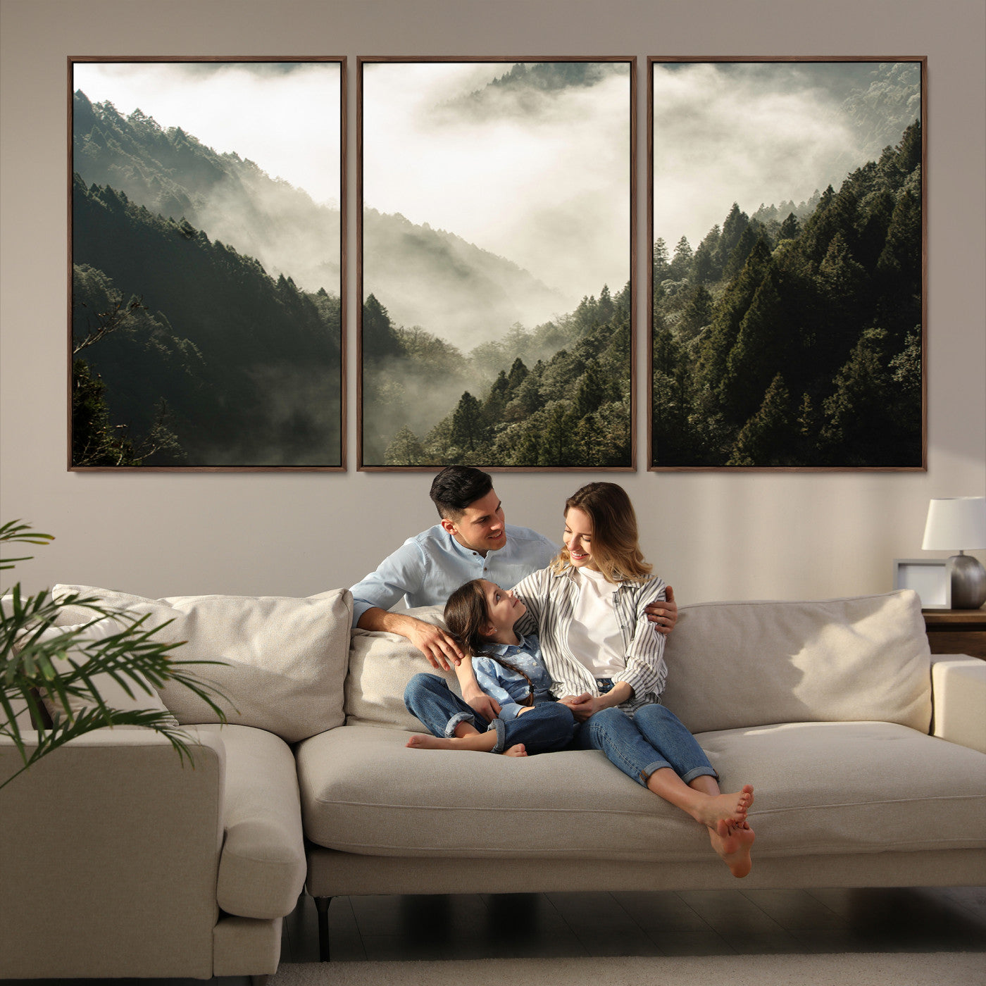 Canvas showing a misty pine forest valley with layered green hills and soft fog, perfect for moody or nature-themed decor styles.