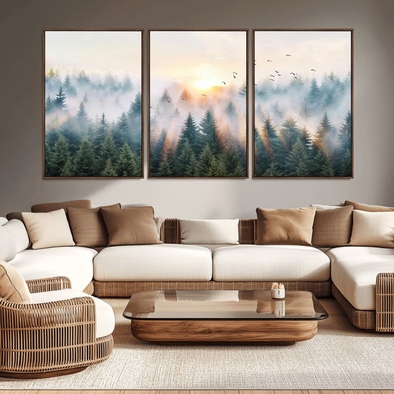 92718976-MGV-CV-36X24-Misty Pine Forest Wall Art Canvas, Sunrise Over Foggy Trees Canvas for Home - Office, Framed