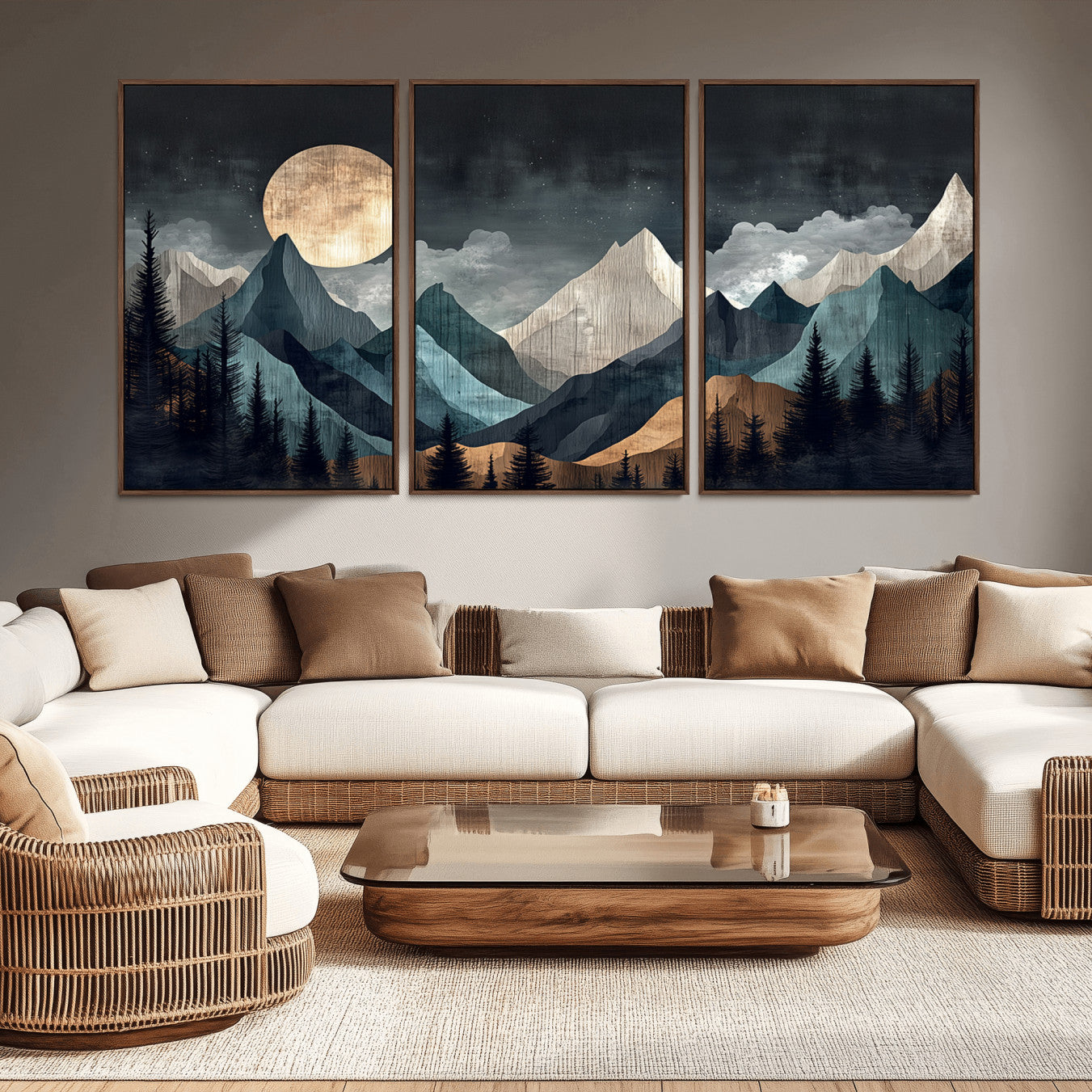 11060882-MGV-CV-36X24-Moonlit Mountain Wall Art Canvas Print – Silhouetted Pines Layered Peaks Tranquil Sky Mist Silver Light Nature Artwork for Home