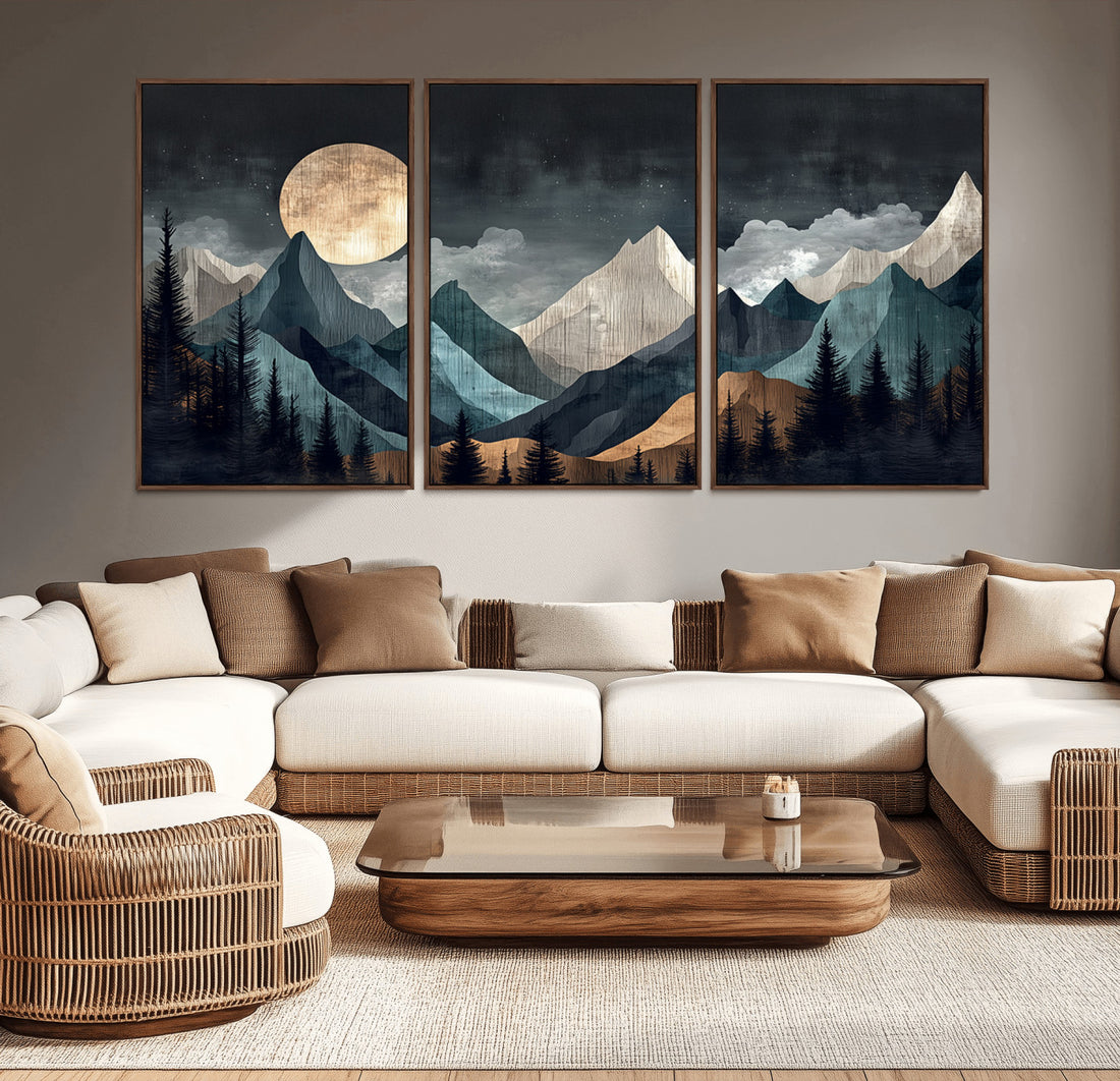 Moonlit Mountain Wall Art Canvas Print, Framed Silhouetted Pines Art, Layered Peaks Rustic Decor