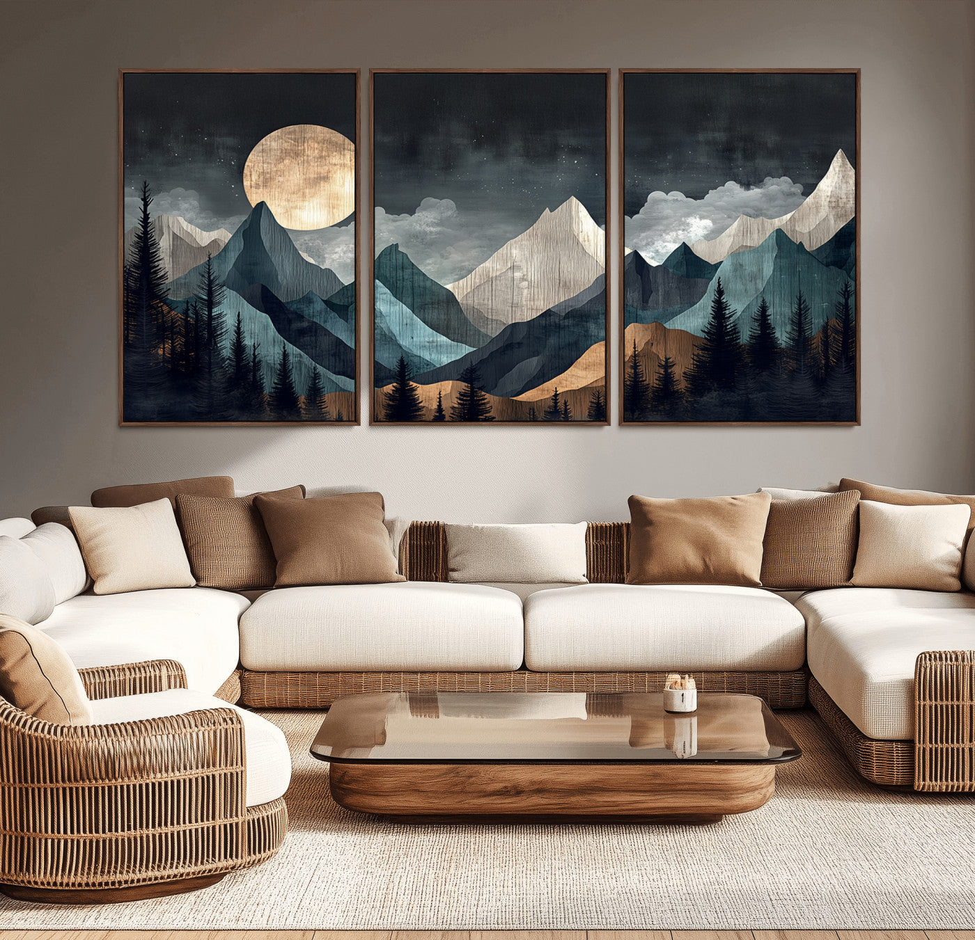 11060882-MGV-CV-36X24-Moonlit Mountain Wall Art Canvas Print – Silhouetted Pines Layered Peaks Tranquil Sky Mist Silver Light Nature Artwork for Home