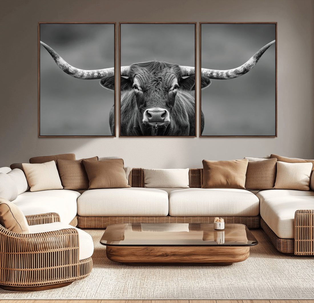 Texas Longhorn Wall Art Canvas Print, Framed Western Bull Photography, Rustic Log Cabin Decor