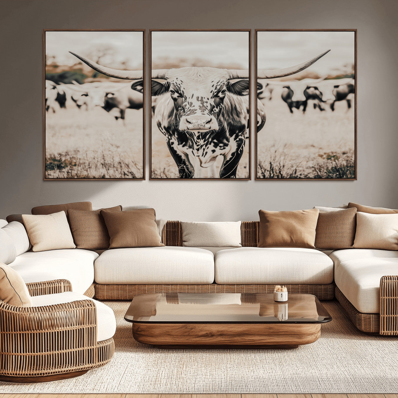 27497342-MGV-CV-36X24-Texas Longhorn Wall Art Canvas Print – Framed Speckled Bull Horned Cattle Rustic Western Artwork for Home Office