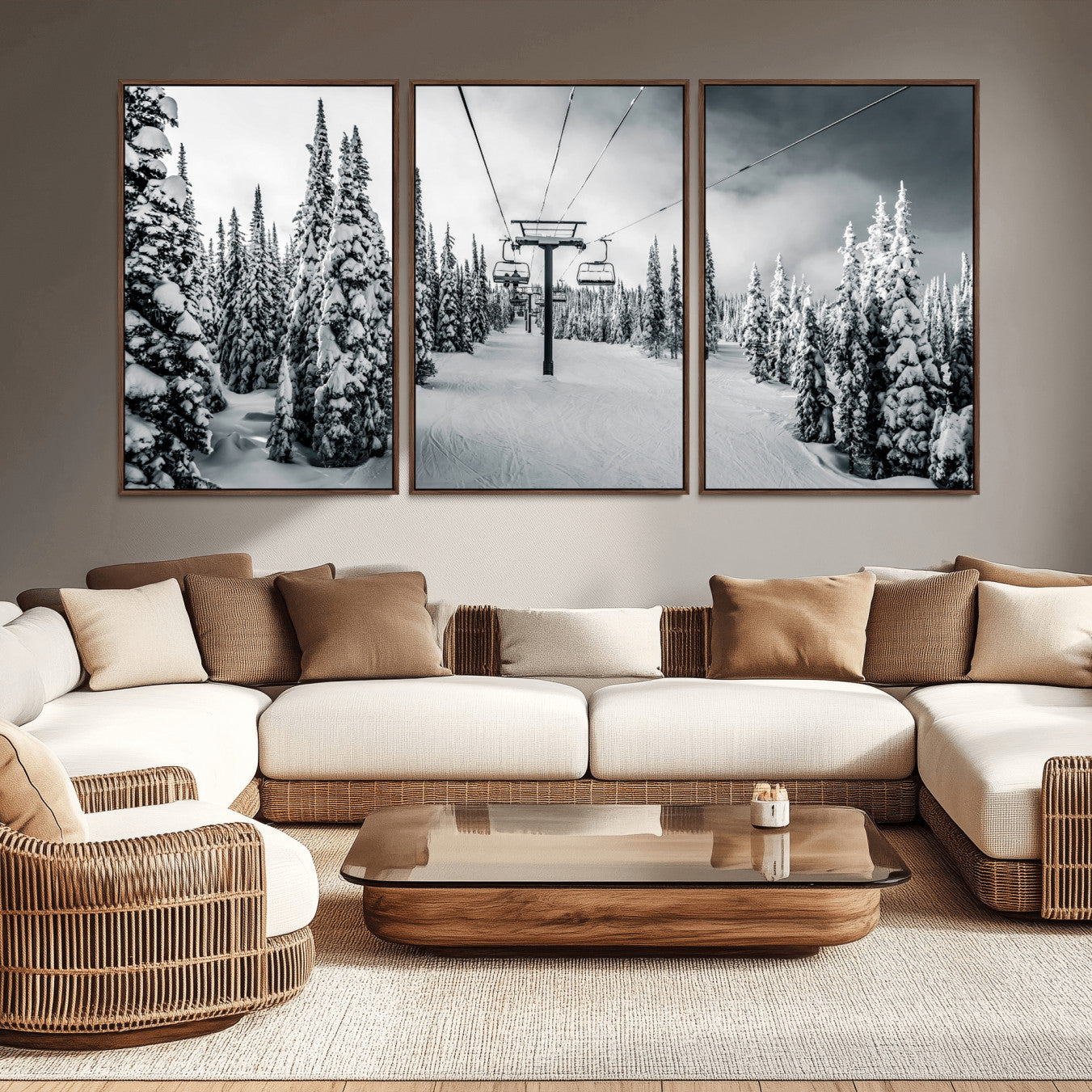 31156828-MGV-CV-36X24-Snowy Pines Wall Art Canvas Print – Framed Ski Lift Winter Forest Snowy Landscape Moody Lodge Artwork for Home, Office
