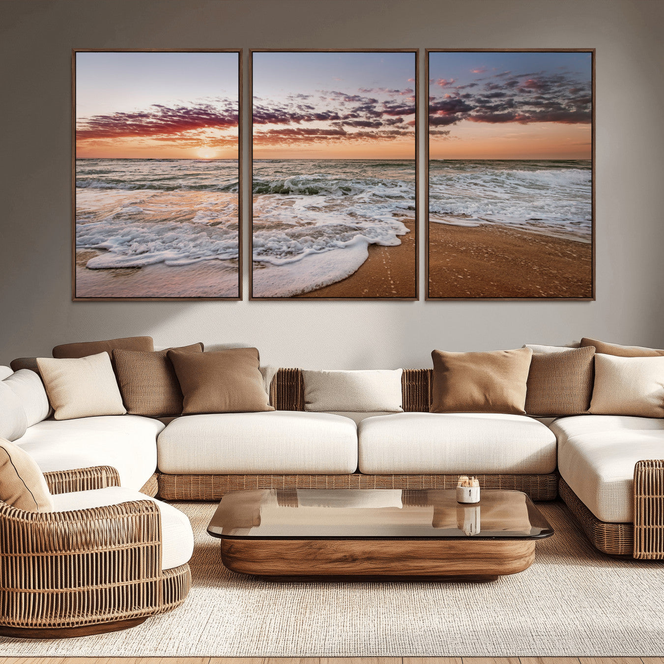 39846389-MGV-CV-36X24-Ocean Sunset Wall Art Canvas Print – Framed Sandy Shore Gentle Waves Coastal Landscape Minimalist Artwork for Home, Office