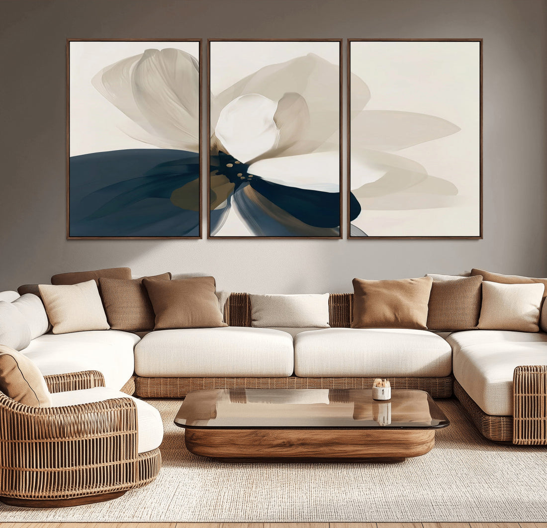 Minimal Flower Wall Art Canvas Print | Framed Beige and Navy Bloom