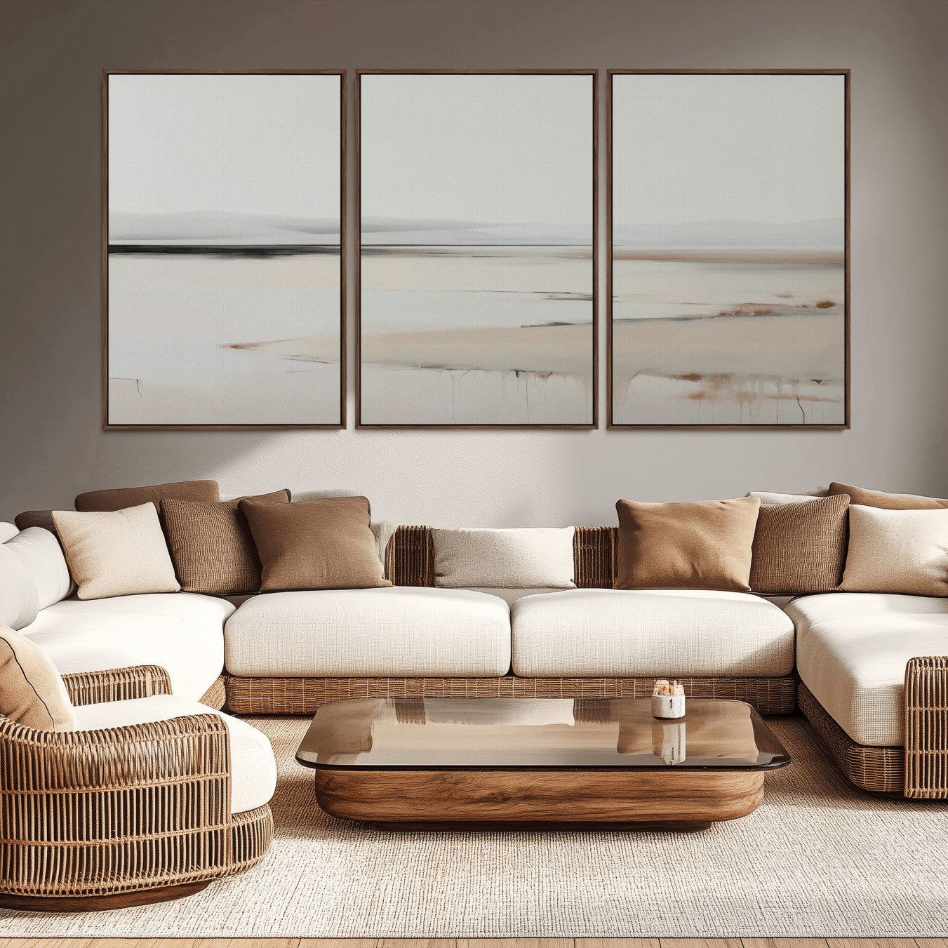 89410095-MGV-CV-36X24-Minimalist Landscape Wall Art Canvas Print – Framed Soft Horizon Abstract Seascape Earthy Tones Artwork for Home Office