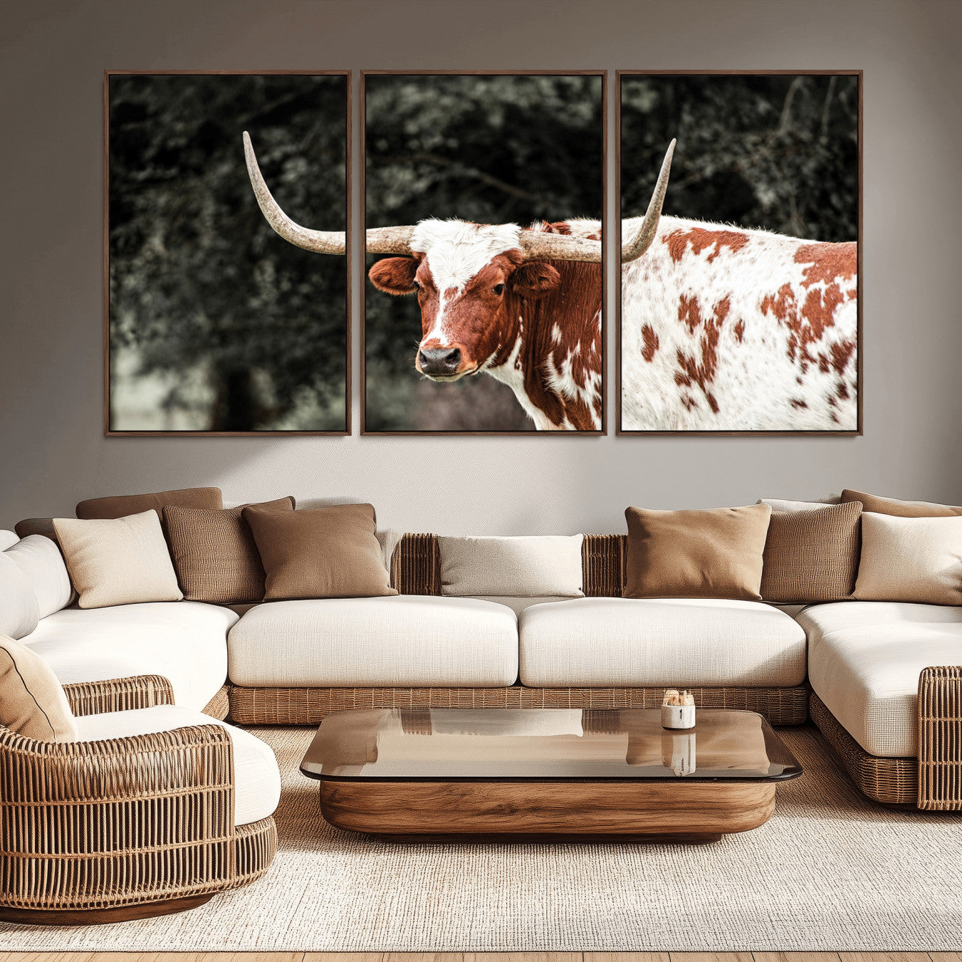 54027638-MGV-CV-36X24-Texas Longhorn Wall Art Canvas Print – Framed Spotted Bull Horned Cattle Rustic Western Decor Artwork for Home, Office