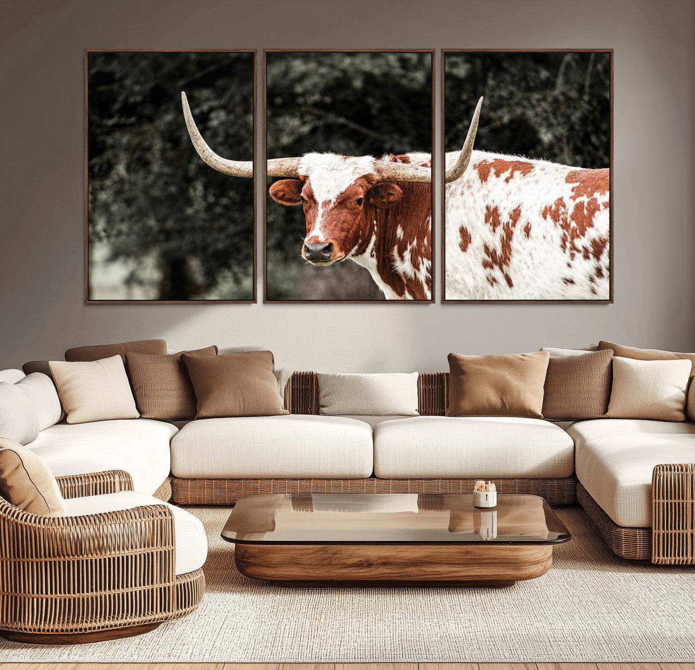 -Texas Longhorn Wall Art Canvas Print, Framed Spotted Cow Art Picture Print, Horned Bull Perfect Rustic Western Decor Artwork