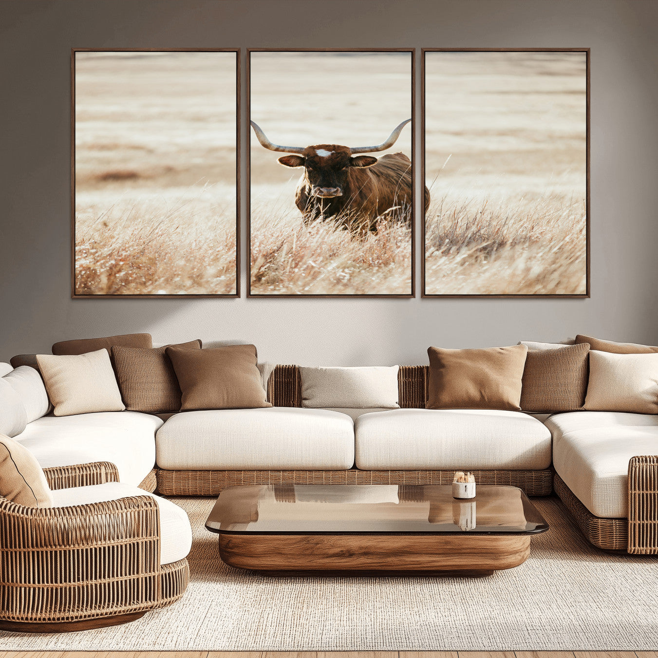 15937933-MGV-CV-36X24-Texas Longhorn Wall Art Canvas Print – Framed Brown Horned Bull Rustic Western Cattle Artwork for Home, Office