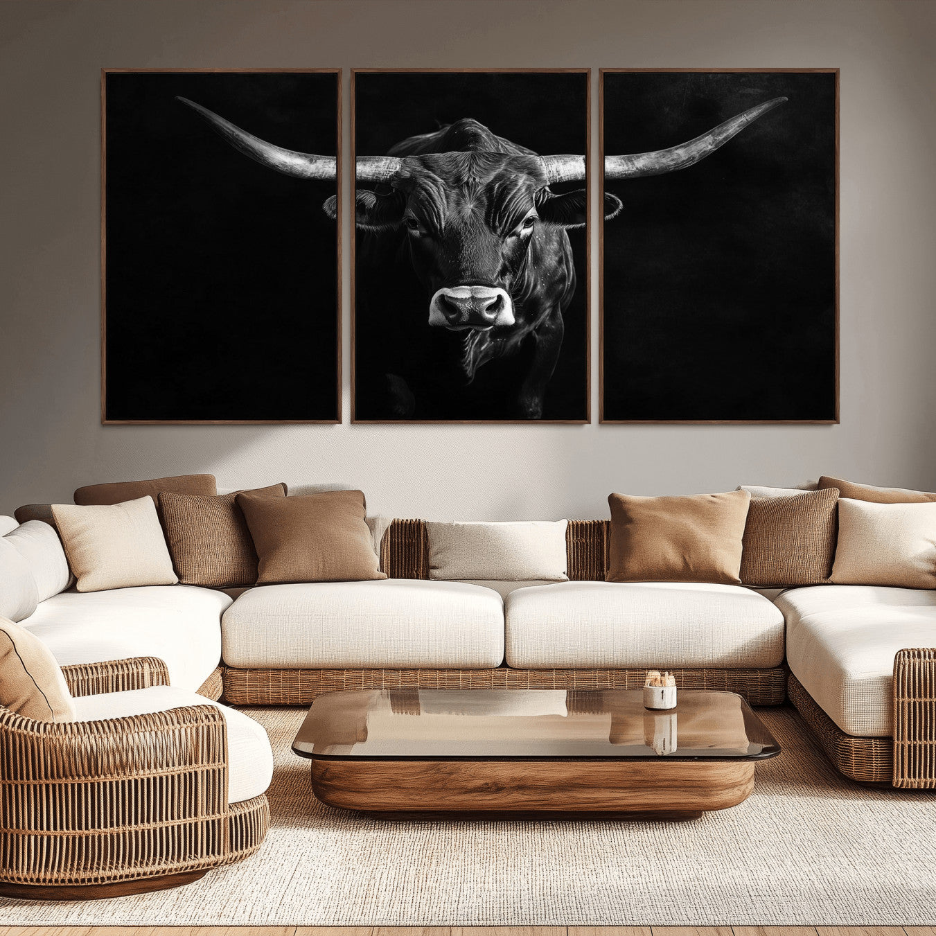42077175-MGV-CV-36X24-Texas Longhorn Wall Art Canvas Print – Framed Monochrome Horned Bull Rustic Western Cattle Artwork for Home, Office
