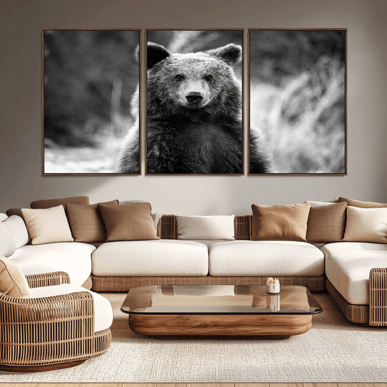 -Grizzly Bear Wall Art Canvas Print, Framed Black White Bear Art Picture Print, Wild Bear Perfect Rustic Wildlife Decor Artwork