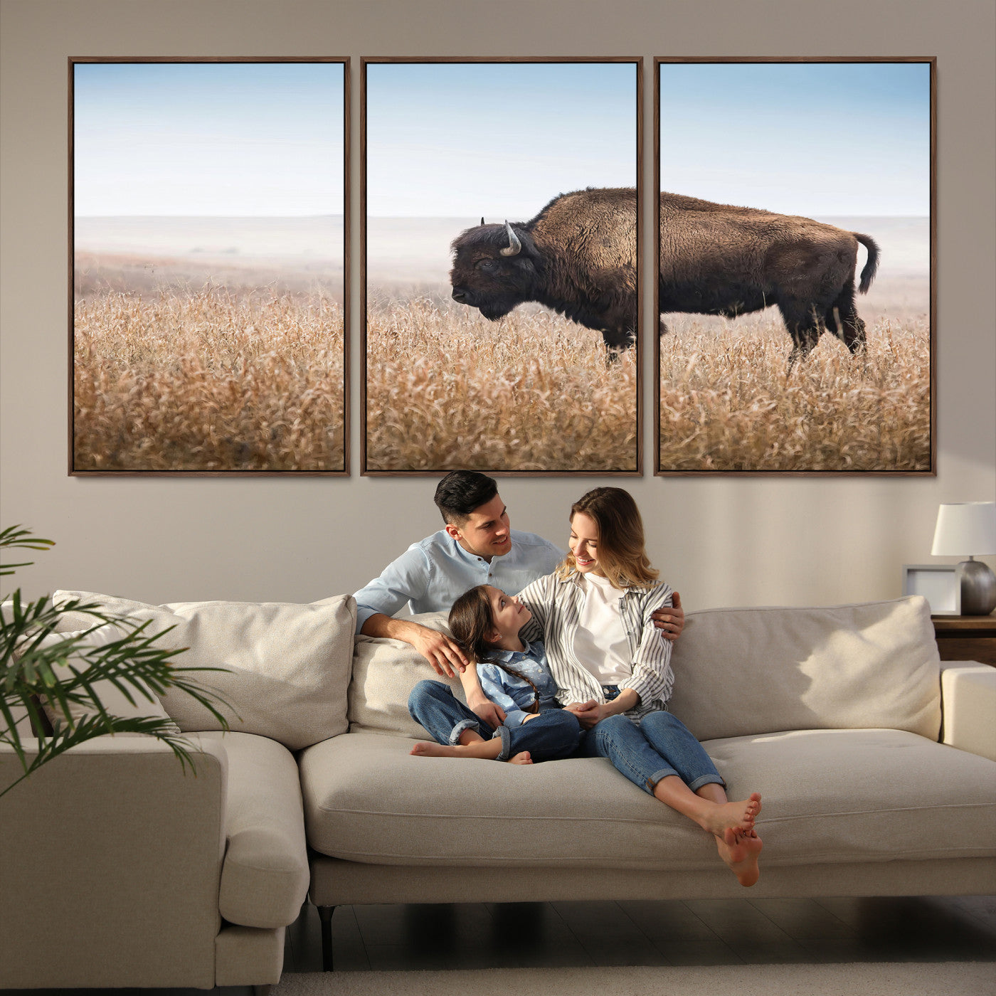 A solitary American bison stands in a dry grassland under soft skies, ideal for rustic or western-style home decor in warm neutral tones.