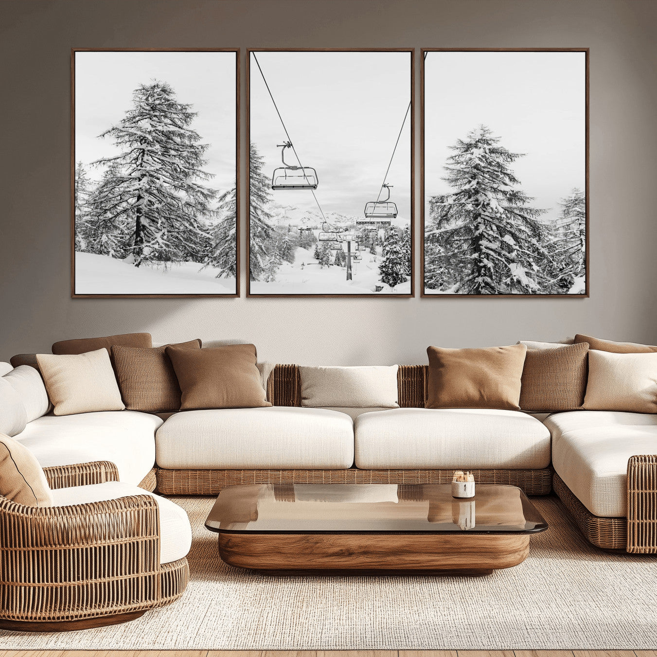 MGV-FC-60X30-3P - Wall Art Canvas Print Winter Chairlift Views Silent Snow-Covered Pines Mountain Calm Serenity Frozen